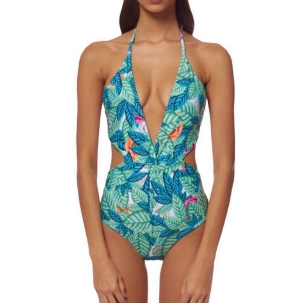 Mara Hoffman One Piece Swimsuit Twist Front Leaf Print Sz M